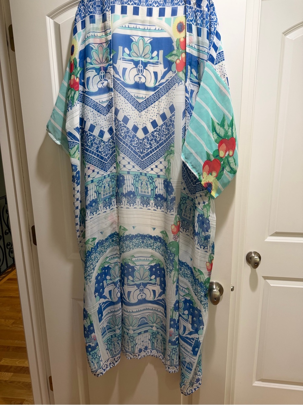 Blue & White Floral-Accent Swim Coverup Kaftan